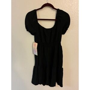 Coco and Sky Black Puff Sleeve Mini Dress Smocked Waist Tiered Ruffle 3RD3280 L